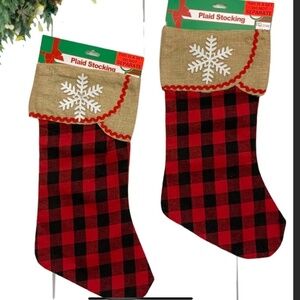Christmas Stocking Set of 2 Vintage Farmhouse Buffalo Plaid Red Black Burlap